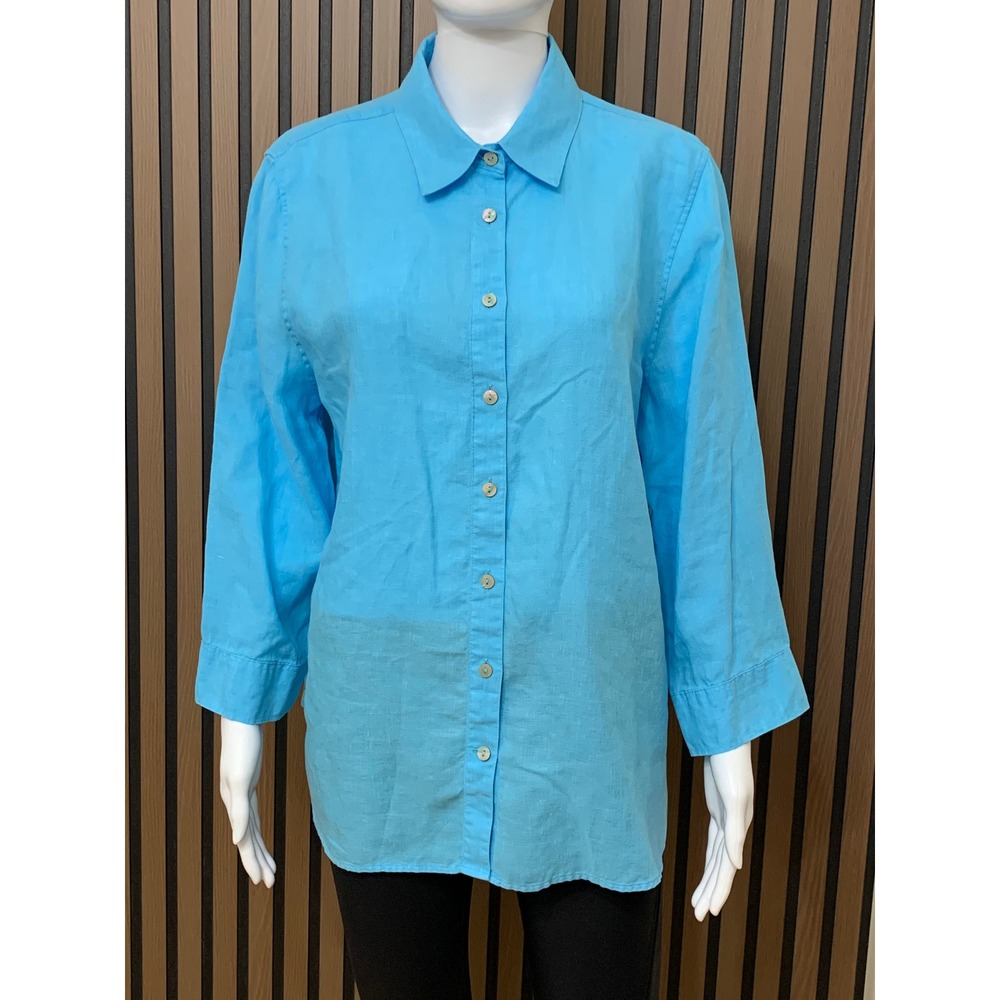 Chicos 100% Linen Button Down Shirt Turquoise Blue Size 2 Large 12